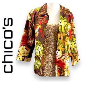 CHICOS/SILK LAND Vintage Silk Tropical Print in Brown, Orange & Lime Green SZ 16